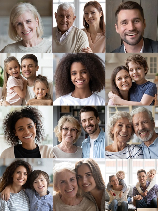 A collage of diverse people smiling, including individuals, couples, and families of various ages and backgrounds, all expressing happiness and warmth in well-lit, indoor settings.